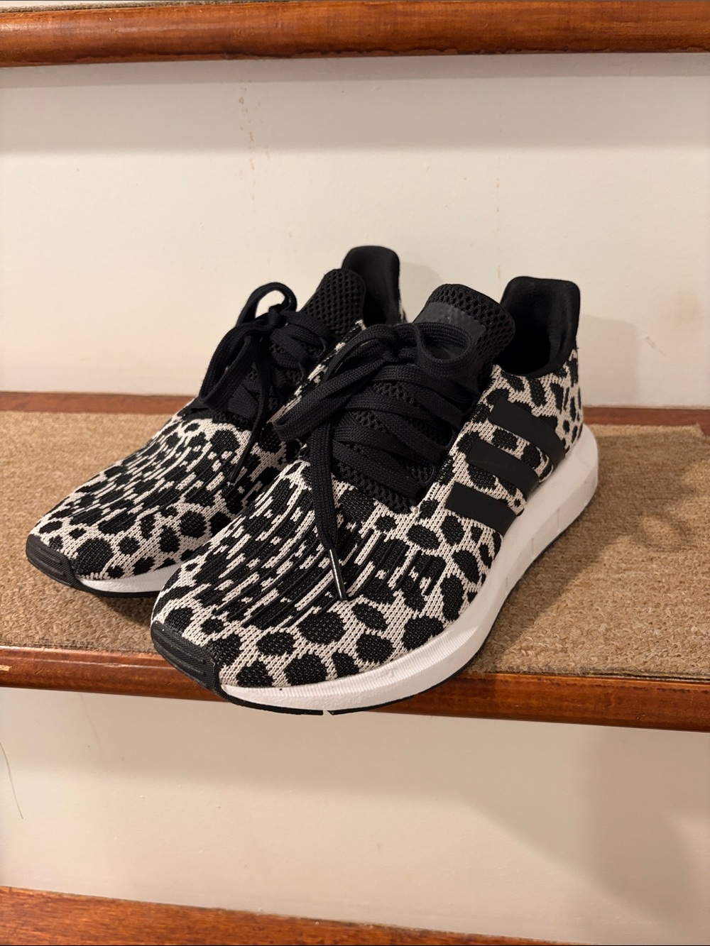 adidas Women’s Black and White Leopard Print Knit Sneakers